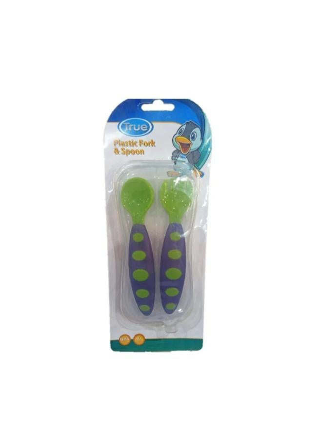 True Plastic Fork and Spoon Set in a Box – Green & Purple - Image 1