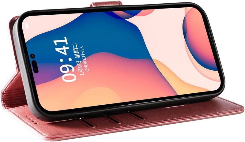 ريكنك حافظة لهاتف iPhone 14 Pro مع 3 فتحات للبطاقات من جلد PU ومحفظة مغناطيسية قابلة للطي وغطاء مجلد، حامل بطاقات وحامل قابل للطي وحافظة واقية من الصدمات من TPU، وردي ذهبي - Image 5