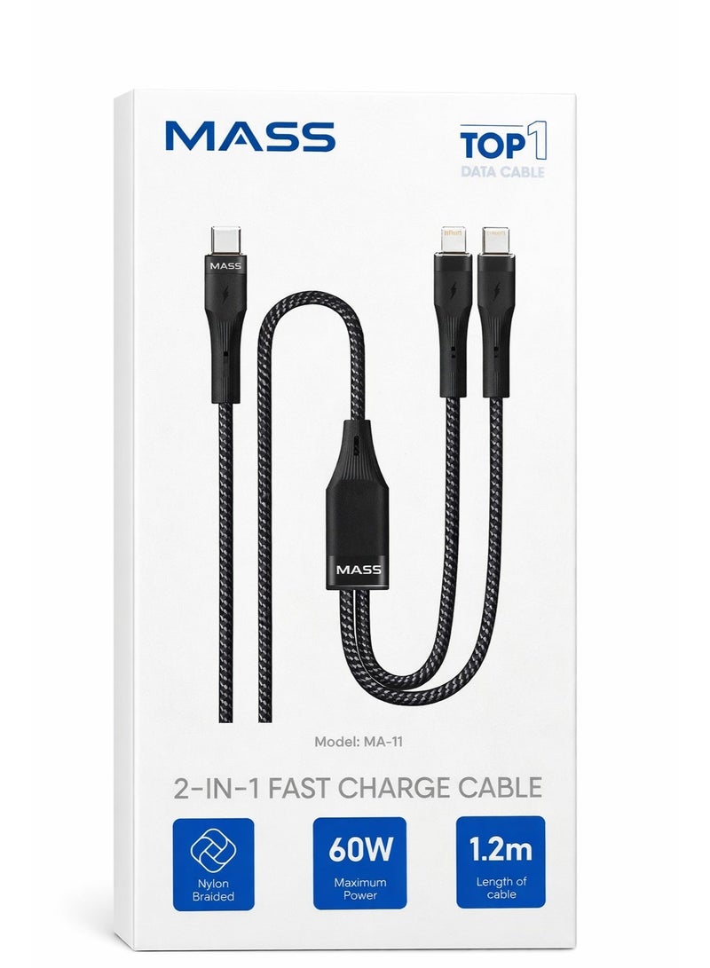 ماس كابل USB-C مزدوج (2 في 1) من نوع USB-C إلى USB-C و Lightning، بطول 1.2 متر، يدعم الشحن السريع ونقل البيانات لأجهزة USB-C، سلك نايلون مضفر متين، متوافق مع أجهزة MacBook و Samsung Galaxy وغيرها، أسود، ضمان محلي لمدة عام - Image 1