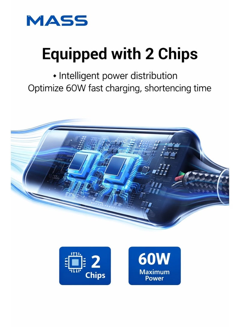ماس كابل USB-C مزدوج (2 في 1) من نوع USB-C إلى USB-C و Lightning، بطول 1.2 متر، يدعم الشحن السريع ونقل البيانات لأجهزة USB-C، سلك نايلون مضفر متين، متوافق مع أجهزة MacBook و Samsung Galaxy وغيرها، أسود، ضمان محلي لمدة عام - Image 4