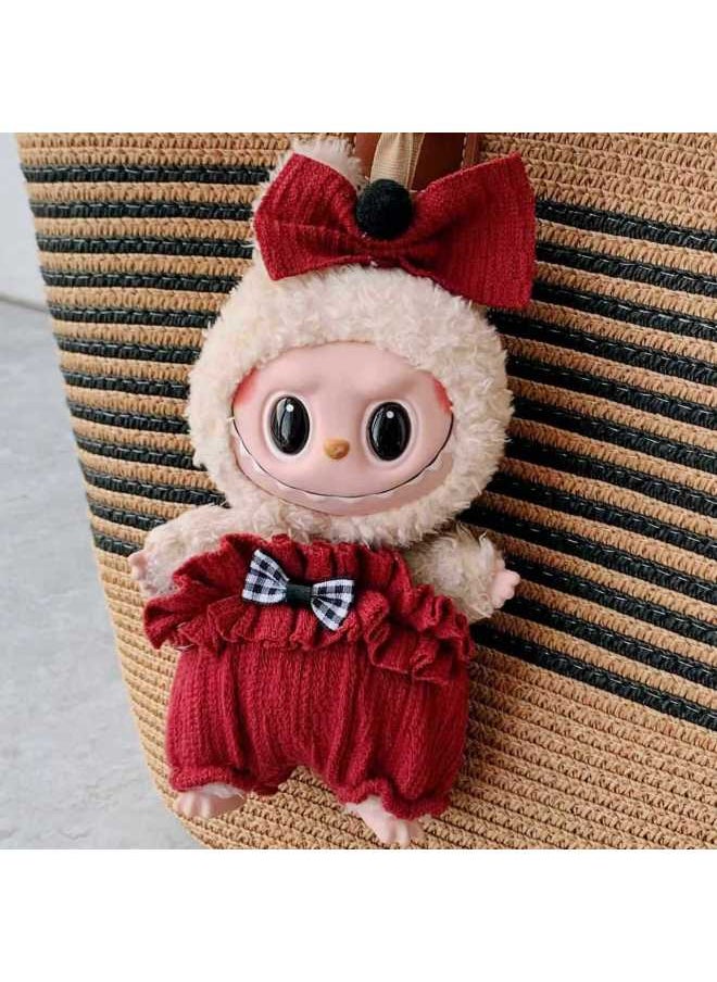 17cm Vinyl Plush Pendant Labubu Doll Blind Box Labubu Clothes Vest Hat Strap Pants Cute Toy-Specification:(☆＿ 17cm Labu Cloth Replacement (only Clothes) ︎^*)-Colour:( ☆ ＿red Pants ➕ Head Flower ︹^*)  - Image 1