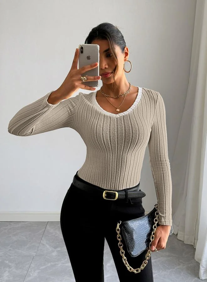 Take Two Women Beige Ribbed Knit Long Sleeve Top