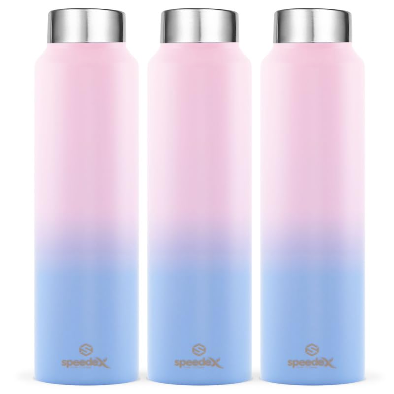Speedex 1 Litre Stainless Steel Water Bottle - Dual Pink-Blue | Set of 3, Steel Cap | 1000 ml Bottle for Kids, Girls, Boys, School, Adults, Office, Gym - Image 1