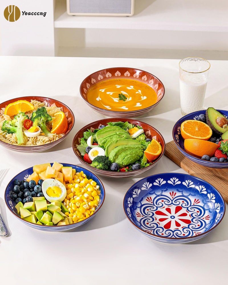 Yeacccng Bohemian Pasta Bowls Set of 6, 8.5 Inch 35 Oz Ceramic Serving Bowls, Brown Color Block Design, Lead-Free Cadmium-Free, Dishwasher Microwave Oven Safe, Scratch-Resistant Salad Soup Bowls - Image 2