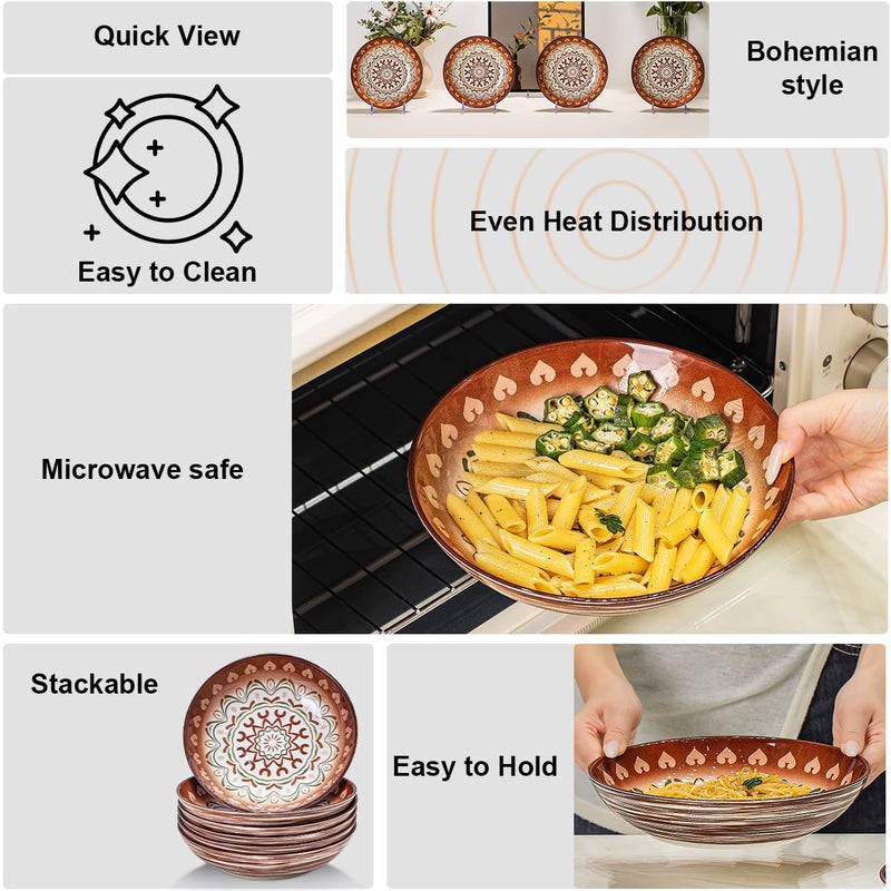 Yeacccng Bohemian Pasta Bowls Set of 6, 8.5 Inch 35 Oz Ceramic Serving Bowls, Brown Color Block Design, Lead-Free Cadmium-Free, Dishwasher Microwave Oven Safe, Scratch-Resistant Salad Soup Bowls - Image 4