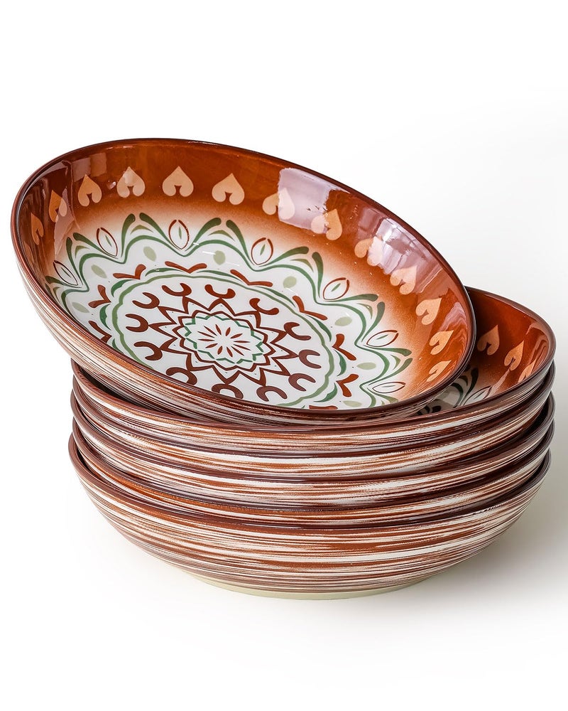 Yeacccng Bohemian Pasta Bowls Set of 6, 8.5 Inch 35 Oz Ceramic Serving Bowls, Brown Color Block Design, Lead-Free Cadmium-Free, Dishwasher Microwave Oven Safe, Scratch-Resistant Salad Soup Bowls - Image 1