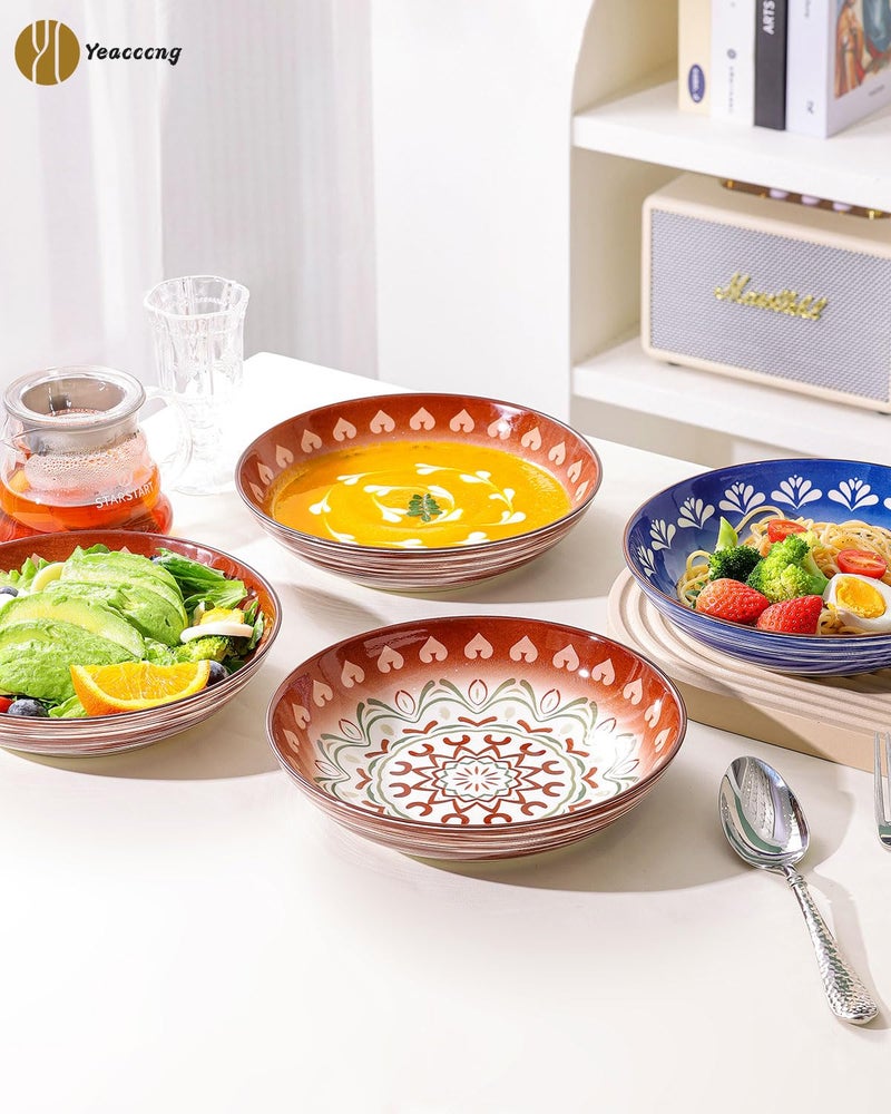 Yeacccng Bohemian Pasta Bowls Set of 6, 8.5 Inch 35 Oz Ceramic Serving Bowls, Brown Color Block Design, Lead-Free Cadmium-Free, Dishwasher Microwave Oven Safe, Scratch-Resistant Salad Soup Bowls - Image 5