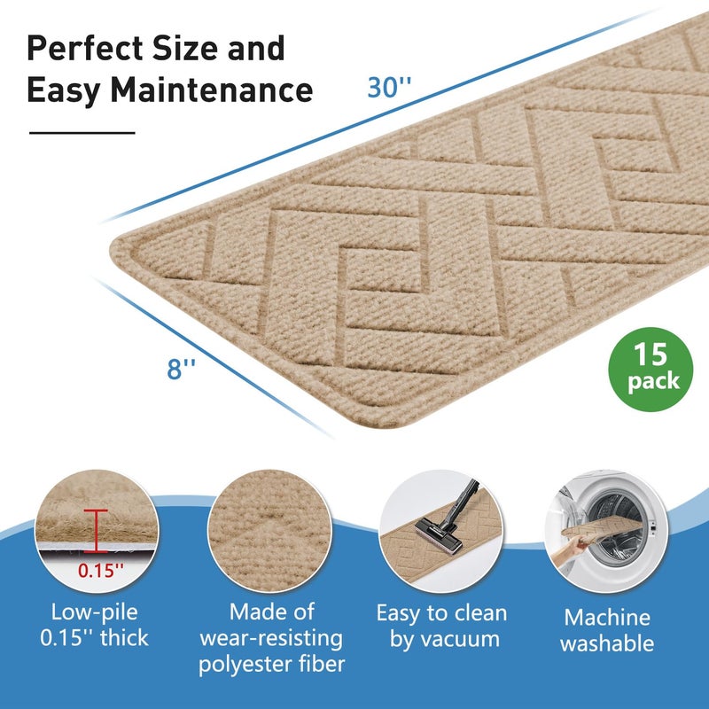 PATTENGO Non Slip Stair Treads for Wooden Steps,15 Pack 8" X 30" Stairs Carpet Treads Indoor with Reusable Peel and Stick Adhesive for Kids Elders and Pets,Polyester TPR Backing - Image 3