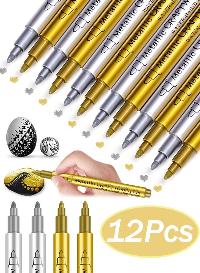 12 Pack Metallic Acrylic Paint Markers Set 6 Gold & 6 Silver Water-Based Extra-Fine 1.5mm Tip for Rock, Ceramic, Glass, Wood, Fabric, and Scrapbooking - Image 1