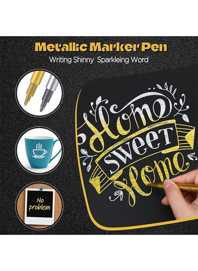 12 Pack Metallic Acrylic Paint Markers Set 6 Gold & 6 Silver Water-Based Extra-Fine 1.5mm Tip for Rock, Ceramic, Glass, Wood, Fabric, and Scrapbooking - Image 2