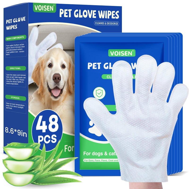VOISEN 48 Pcs Pet Glove Wipes for Dogs and Cats Cleaning Deodorizing Bathing Grooming WipesUnscented Thick Nourish Fur Glove Wipes for Pet Dry CleaningDaily Care and Travel - Image 2