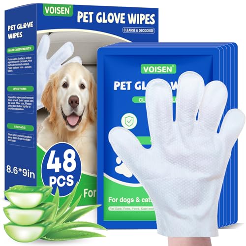 VOISEN 48 Pcs Pet Glove Wipes for Dogs and Cats Cleaning Deodorizing Bathing Grooming WipesUnscented Thick Nourish Fur Glove Wipes for Pet Dry CleaningDaily Care and Travel - Image 1