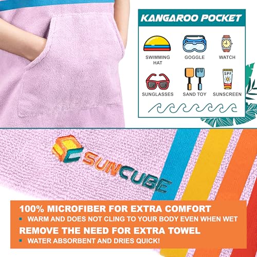 Suncube SUN CUBE Kids Changing Robe Surf Poncho, Kids Beach Towels, Hooded Towel For Toddler Bath Pool, Microfiber Quick Dry Wearable Towel Poncho with Hood, Swim Towel for Boys Girls 3-7 Years, Sunset Purple - Image 3