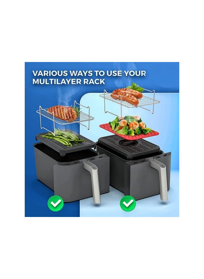 Raxoom إكسسوارات المقلاة، رف المقلاة الهوائية لمقلاة السلة المزدوجة، إكسسوارات فرن المقلاة الهوائية، حامل معدني لسلة المقلاة الهوائية، أدوات طهي مع ملقط طعام، رف طهي معدني لصنع البطاطس المقلية والبيتزا - Image 2