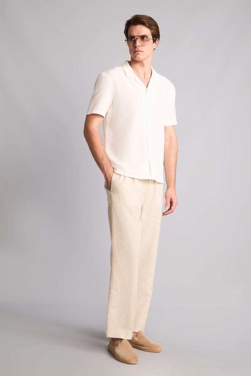 DeFacto Beige Man Straight Fit Elastic Waist Linen Beige Trousers Casual - Image 3