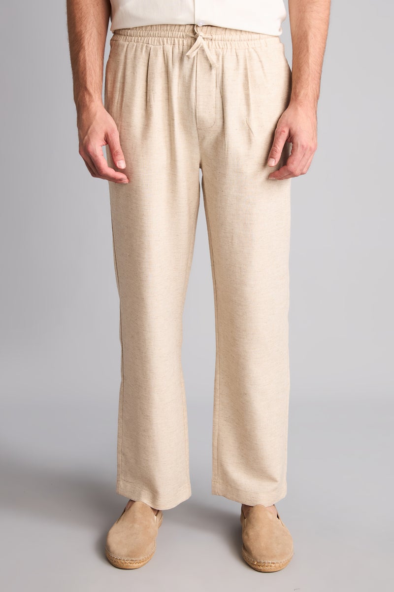 DeFacto Beige Man Straight Fit Elastic Waist Linen Beige Trousers Casual - Image 4