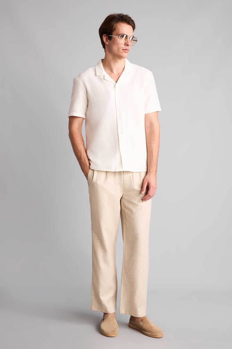 DeFacto Beige Man Straight Fit Elastic Waist Linen Beige Trousers Casual - Image 2