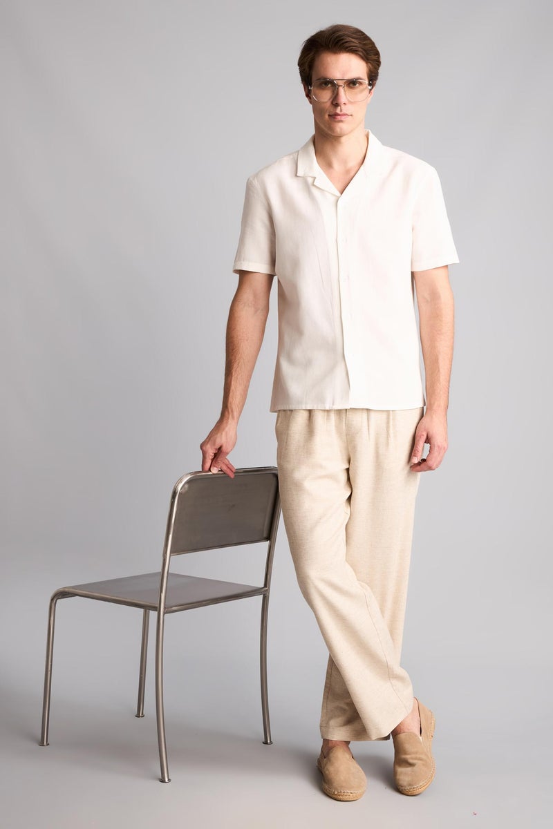 DeFacto Beige Man Straight Fit Elastic Waist Linen Beige Trousers Casual - Image 1