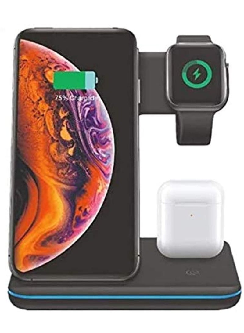 شاحن لاسلكي Qi 3 في 1 عالمي بقدرة 15 وات لهاتف Iphone X 8 Xiaomi Quick Charge 3.0 حامل شاحن سريع لساعة Apple Airpods 4 3 2 1 أسود - Image 1