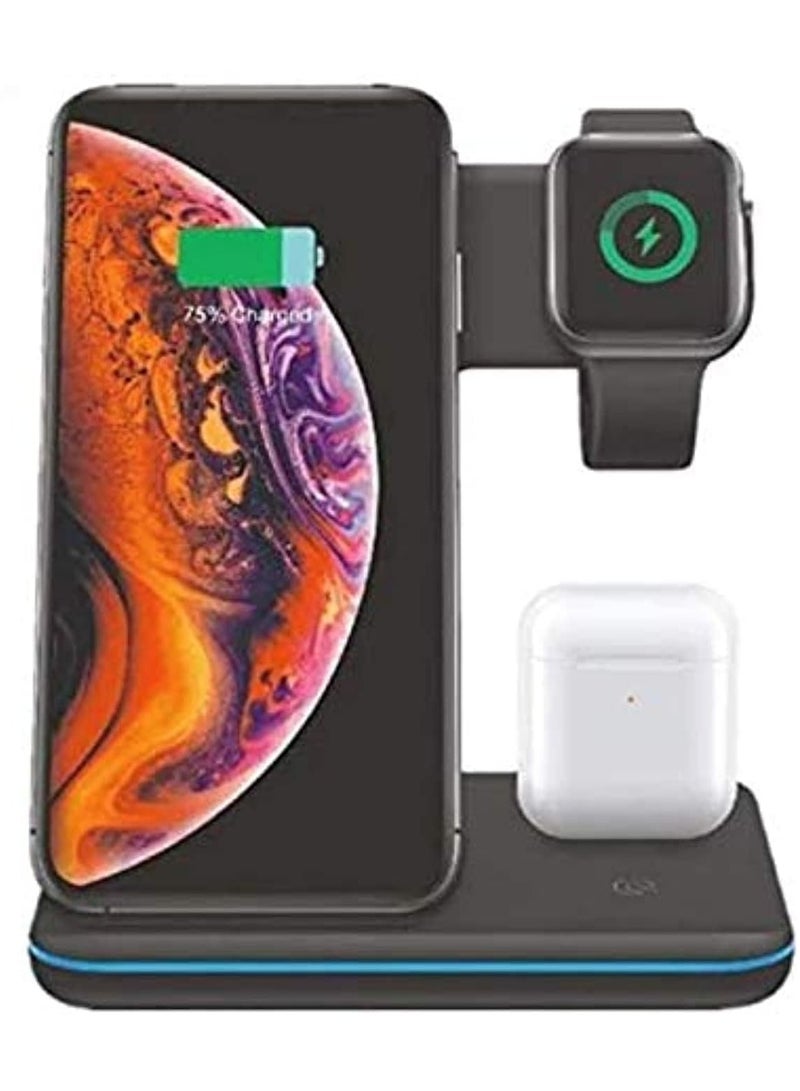 شاحن لاسلكي Qi 3 في 1 عالمي بقدرة 15 وات لهاتف Iphone X 8 Xiaomi Quick Charge 3.0 حامل شاحن سريع لساعة Apple Airpods 4 3 2 1 أسود - Image 2