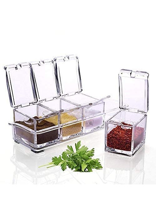 HBD SALES - HBD SALES Masala Storage Container Crystal Seasoning Tray with 4 Compartment and Spoons Acrylic Transparent Spice Jar Box Condiment Set Cooking Tools for Kitchen - Image 1