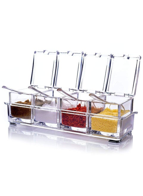 HBD SALES Masala Storage Container Crystal Seasoning Tray with 4 Compartment and Spoons Acrylic Transparent Spice Jar Box Condiment Set Cooking Tools for Kitchen