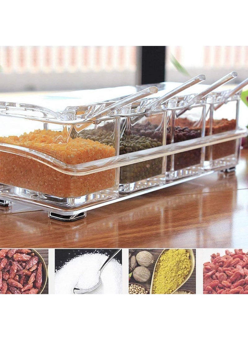 HBD SALES - HBD SALES Masala Storage Container Crystal Seasoning Tray with 4 Compartment and Spoons Acrylic Transparent Spice Jar Box Condiment Set Cooking Tools for Kitchen - Image 1