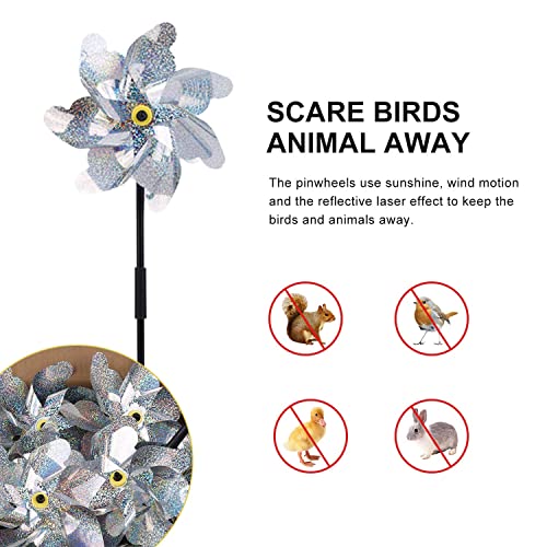 BATTIFE 10 Pack Reflective Pinwheels for Yard and Garden, Pre-Installed Sparkly Silver Blind Birds Pin Wheel, Scare Birds & Animal Away Wind Spinner - Image 4