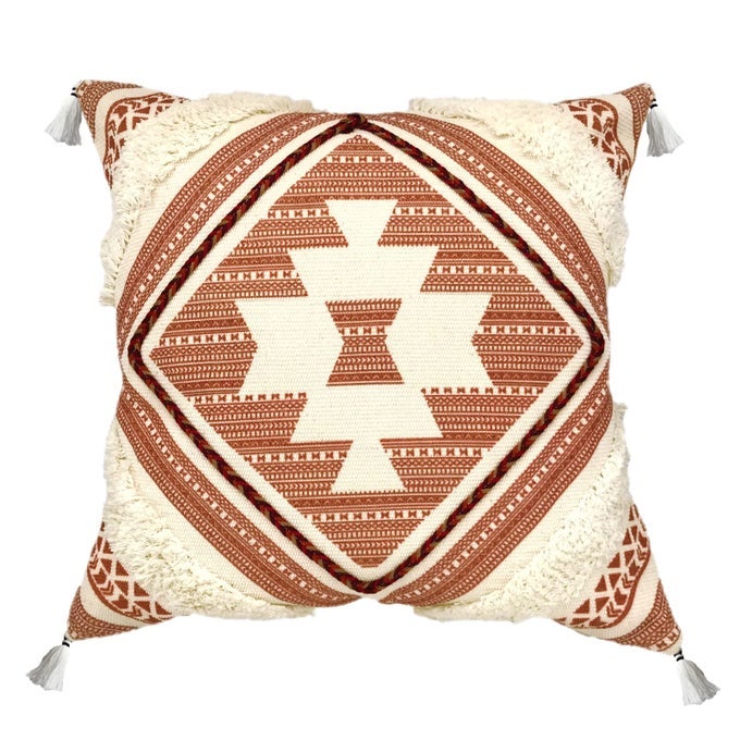 Boho Tufted Decorative Throw Pillow Cover with Tassels Fringe 18x18 Cotton Velvet Reversible Woven Bohemian Style Cushion Case for Sofa Couch Living Room Gifts Burnt Orange