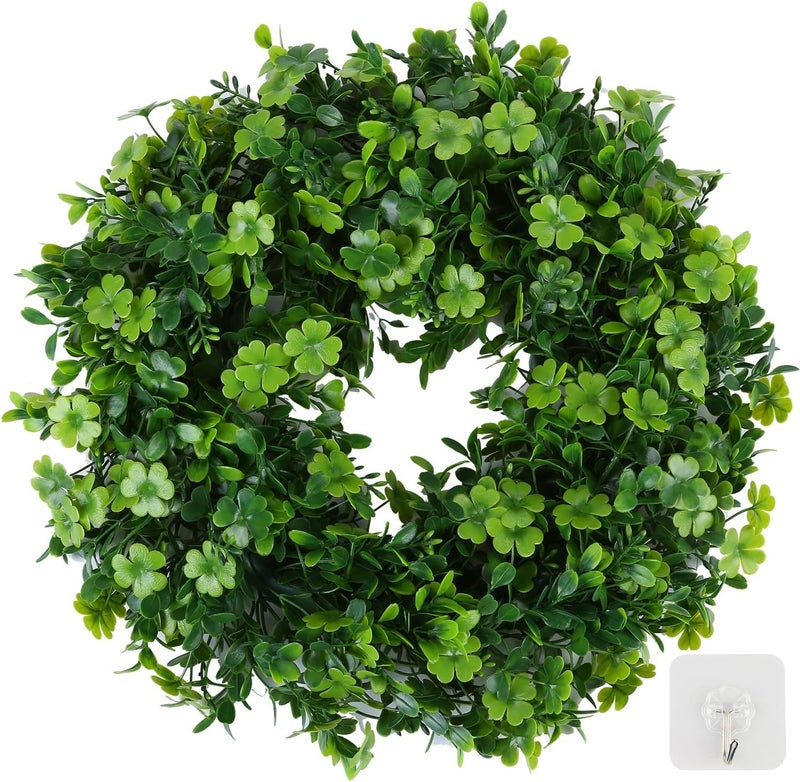 Vintend 18" St Patricks Day Shamrock Wreath for Front Door,St Patrick Day Artificial Wreath Outdoor Decorations, Lucky Clover Spring Summer Greenery Hanging for Farmhouse Wall Window Indoor Porch Home Decor - Image 1