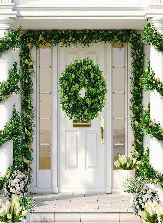 Vintend 18" St Patricks Day Shamrock Wreath for Front Door,St Patrick Day Artificial Wreath Outdoor Decorations, Lucky Clover Spring Summer Greenery Hanging for Farmhouse Wall Window Indoor Porch Home Decor - Image 3