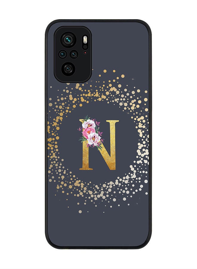 Stylizedd Rugged Black edge case for Redmi Note 10S/Redmi Note 10 4G Slim fit Soft Case Flexible Rubber Edges Anti Drop TPU Gel Thin Cover - Custom Monogram Initial Letter Floral Pattern Alphabet - N (Grey ) - Image 1