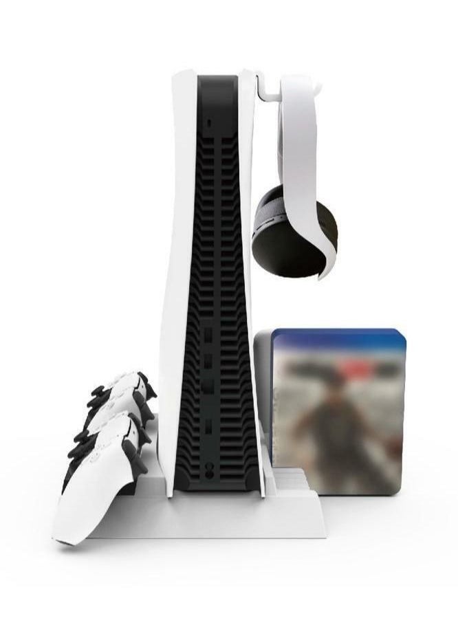 Bastec - RGB PS5 Vertical Stand Cooling Fan Station PS5 Vertical Cooling Stand with Controller Charger and Headset Stand Dual PS5 Charging Station（White） - Image 1