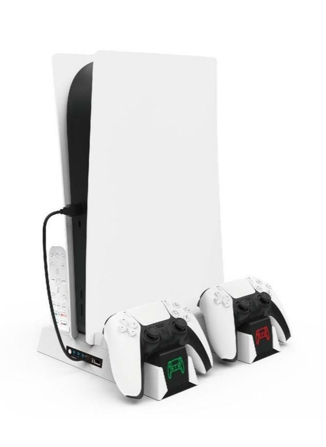 Bastec - RGB PS5 Vertical Stand Cooling Fan Station PS5 Vertical Cooling Stand with Controller Charger and Headset Stand Dual PS5 Charging Station（White） - Image 1