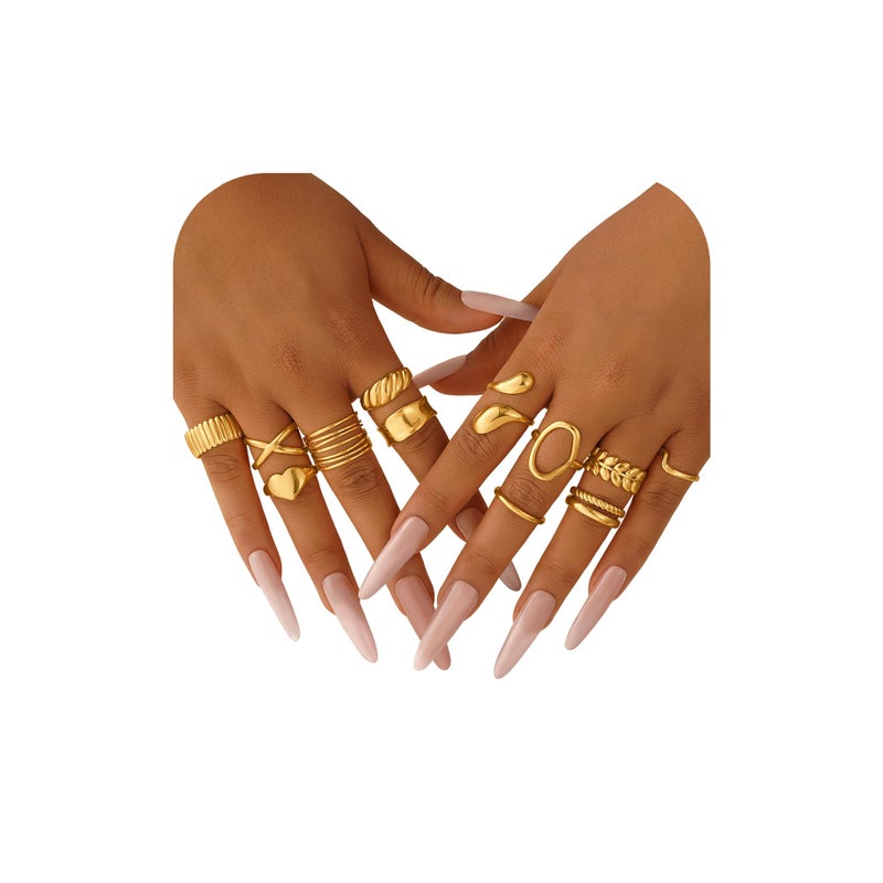 Yoosteel Easter Gifts for Women - 14K Gold Plated Chunky Rings Stack for Women Hypoallergenic Thick Stackable Open Rings Non Tarnish Dainty Ring Stack Set Trendy Jewelry Gifts 12 PCS - Image 1