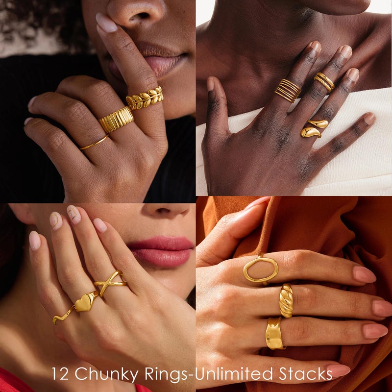 Yoosteel Easter Gifts for Women - 14K Gold Plated Chunky Rings Stack for Women Hypoallergenic Thick Stackable Open Rings Non Tarnish Dainty Ring Stack Set Trendy Jewelry Gifts 12 PCS - Image 4