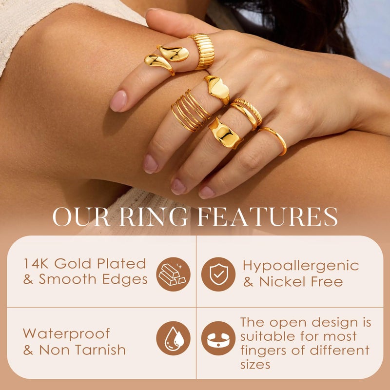 Yoosteel Easter Gifts for Women - 14K Gold Plated Chunky Rings Stack for Women Hypoallergenic Thick Stackable Open Rings Non Tarnish Dainty Ring Stack Set Trendy Jewelry Gifts 12 PCS - Image 5