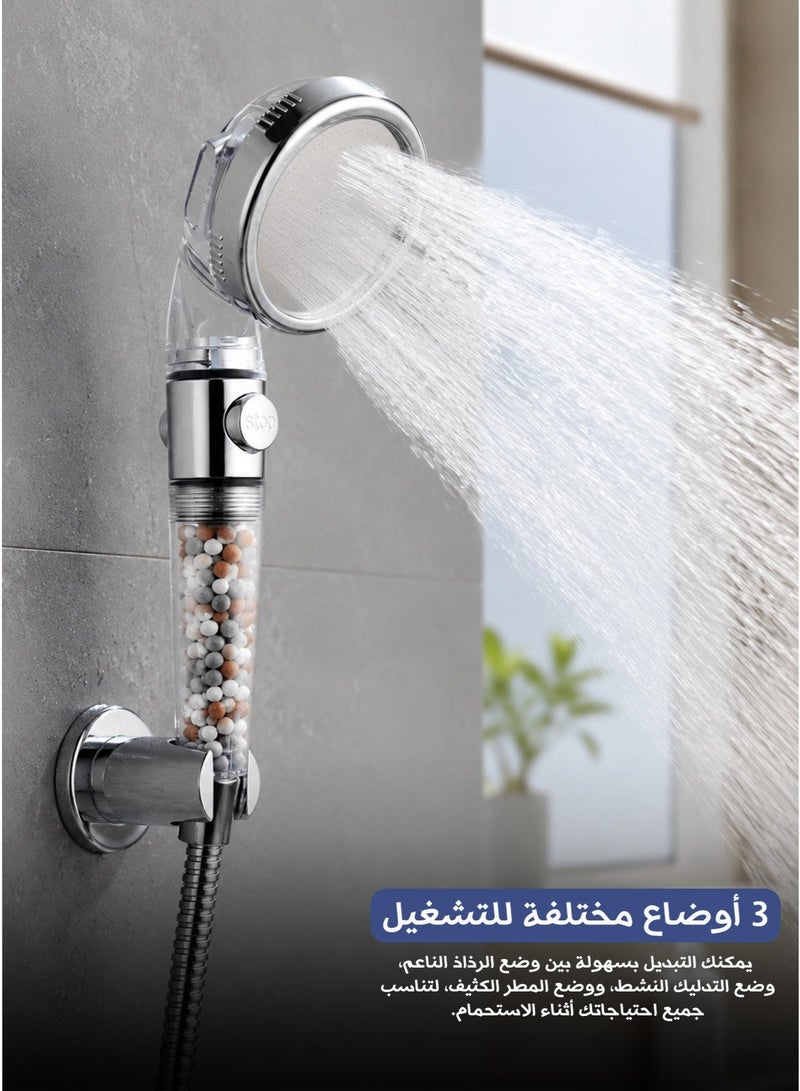 رأس دش معزز للضغط بأيونات سالبة – 3 أنماط رش، زر إيقاف فوري، فلتر قطن PP، تركيب ملولب عالمي - Image 1