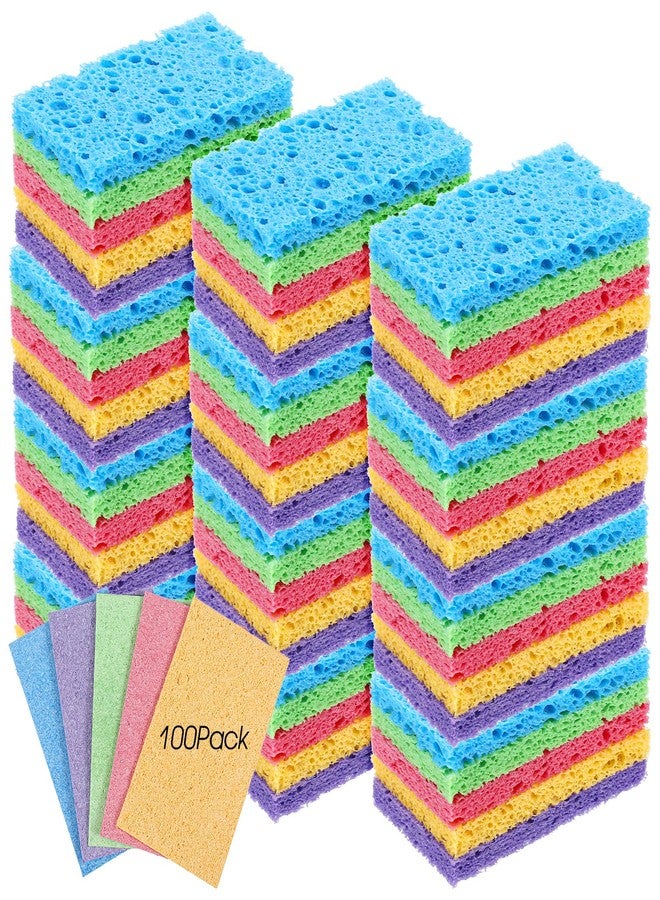 Limbeuuu 100 Pieces Kitchen Sponge Bulk Natural Sponges for Dishes Compressed Wood Pulp Sponges Cleaning Sponge Without Scratching for Kitchen Bathroom, 3.9 x 2.4 x 0.2 Inch (Multicolor) - Image 1