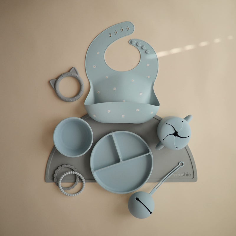 mushie Silicone Baby Bib | Adjustable Fit Waterproof Bibs (White Daisy) - Image 2