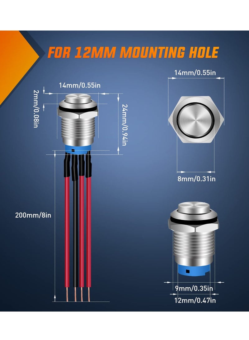 Excefore Push Button Switch,12mm with Pre Wired Harness 12V 24V Stainless Steel Self Locking Latching, Push Button Latching Switch, Waterproof Pushbutton Switch Self-locking Marine Switch (5PCS) - Image 2