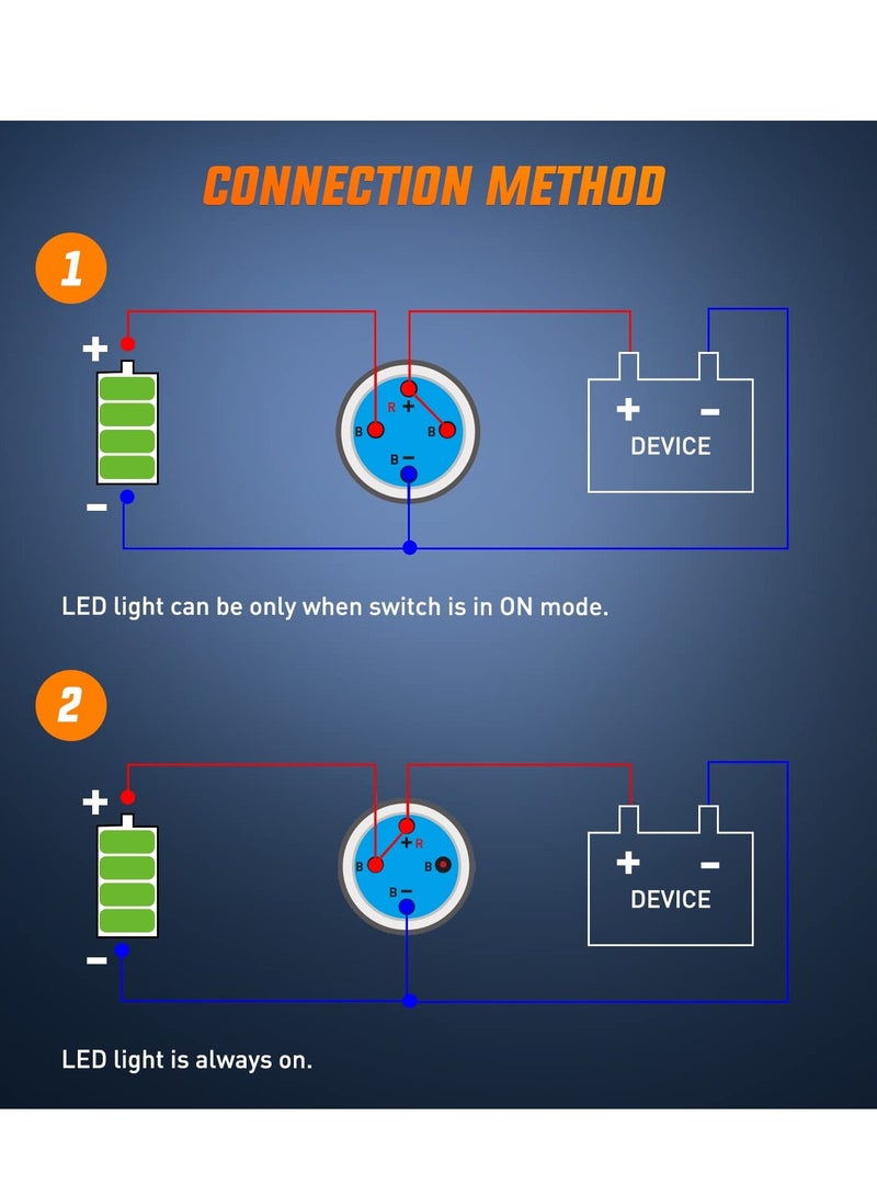 Excefore Push Button Switch,12mm with Pre Wired Harness 12V 24V Stainless Steel Self Locking Latching, Push Button Latching Switch, Waterproof Pushbutton Switch Self-locking Marine Switch (5PCS) - Image 3