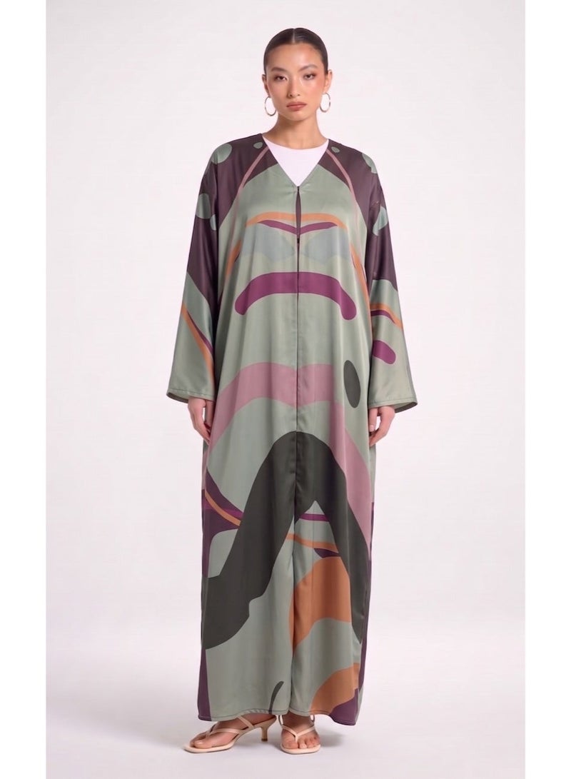Next Abaya Green Printed Silk Abaya - Image 1