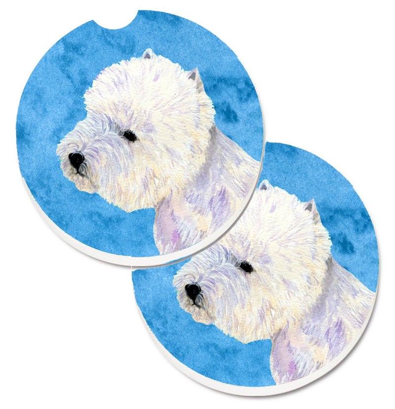 Caroline's Treasures LH9360BUCARC Blue Westie Set of 2 Cup Holder Car Coasters Absorbent Sandstone Coasters for Car Cup Holders Gifts for Men or Women  Large  Multicolor