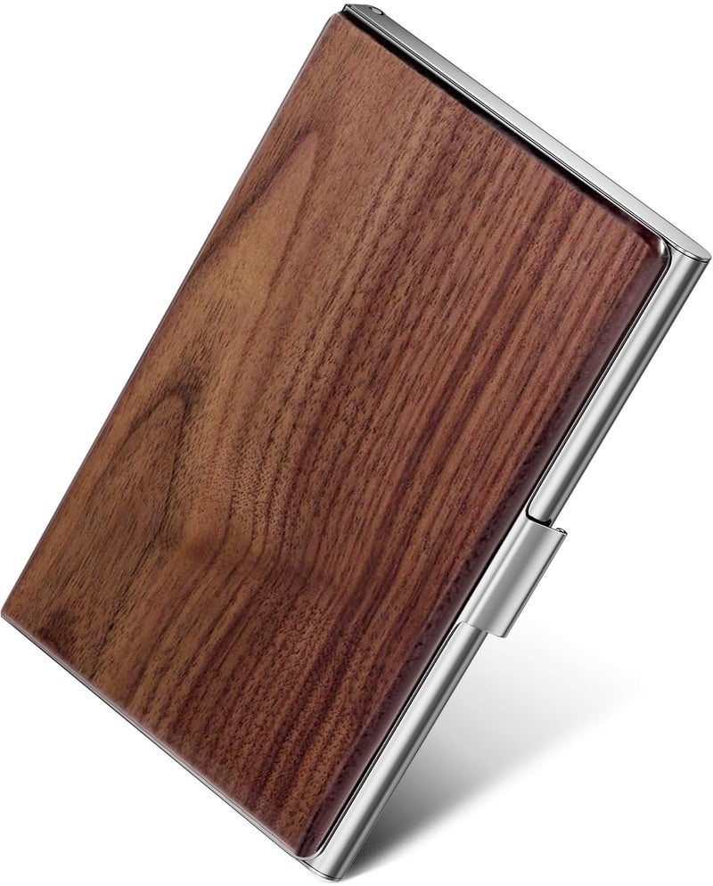 MaxGear Walnut Wood Business Card Holder for Men & Women, Professional Walnut & Stainless Steel Card Case for Business Cards, Slim Name Cards Holders with Interior Lining, Buckle Style Shut, Black - Image 1