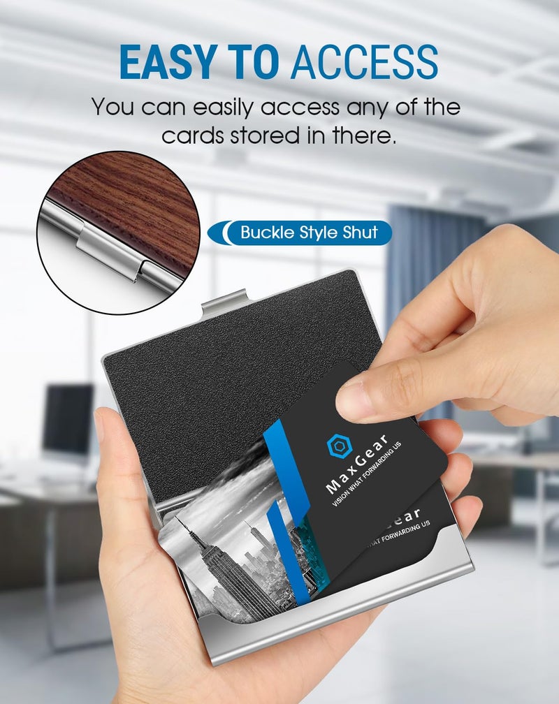 MaxGear Walnut Wood Business Card Holder for Men & Women, Professional Walnut & Stainless Steel Card Case for Business Cards, Slim Name Cards Holders with Interior Lining, Buckle Style Shut, Black - Image 2