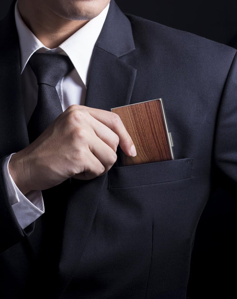 MaxGear Walnut Wood Business Card Holder for Men & Women, Professional Walnut & Stainless Steel Card Case for Business Cards, Slim Name Cards Holders with Interior Lining, Buckle Style Shut, Black - Image 5