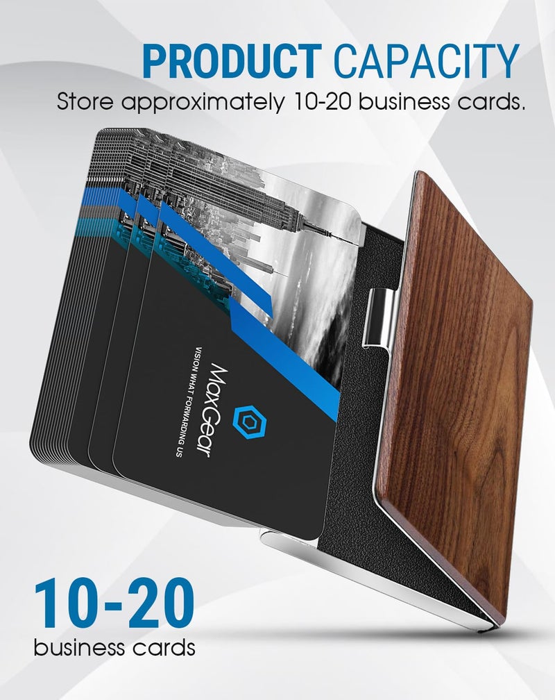 MaxGear Walnut Wood Business Card Holder for Men & Women, Professional Walnut & Stainless Steel Card Case for Business Cards, Slim Name Cards Holders with Interior Lining, Buckle Style Shut, Black - Image 3
