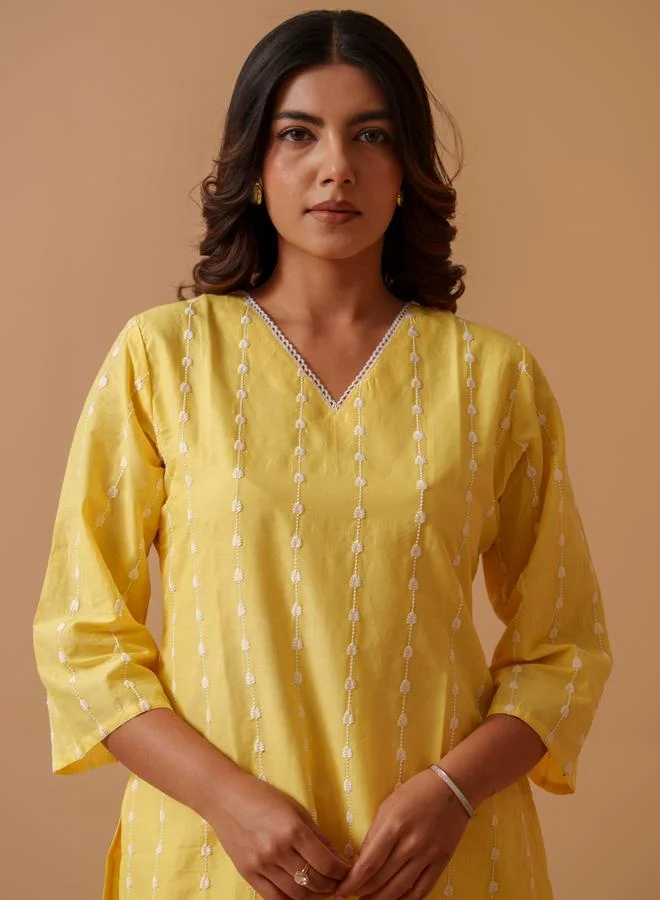 دي دبليو DW Yellow Embroidered Pure Cotton Tunic and Palazzo Co-Ords