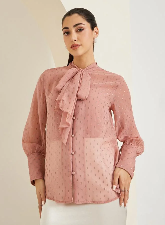 Styli Women Pink Textured Tie-Neck Blouse
